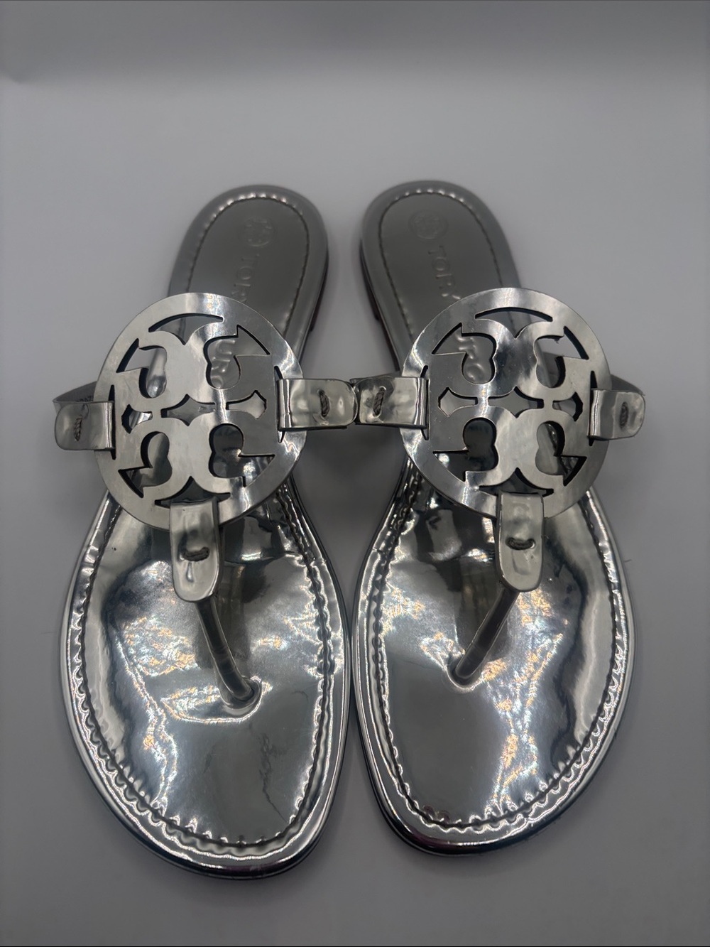 Tory Burch Silver Metallic Logo Thong Sandals